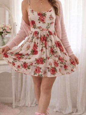 DEB Y2K Rose Print Mini Dress Coquette Mall Girl Skater Small